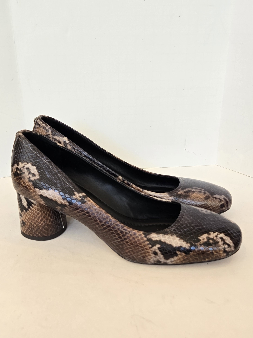 Donald J. Pliner Brown and Black Python-Print Round Toe Block Heel Pumps